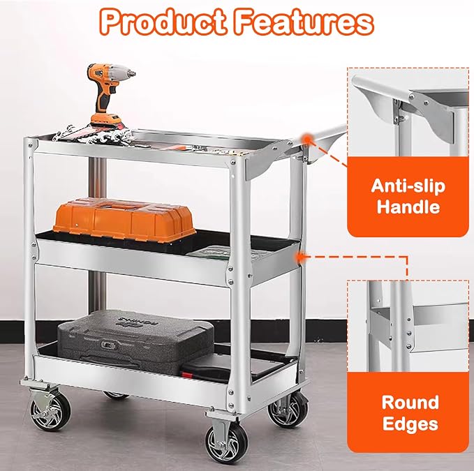 DDJ Stainless Steel Utility Cart on Wheels, 3-Tier 1100 lbs Heavy Duty Tool Cart - Image 3