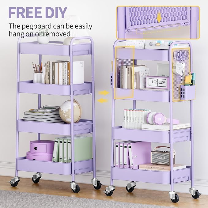 TOOLF 4 Tier Rolling Cart with Pegboard, Metal Storage Organizer Cart with - Image 6