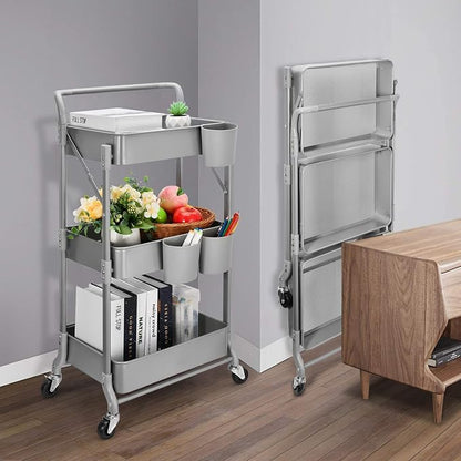 Foldable 3 Tier Metal Utility Rolling Cart, Folding Mobile Multi-Function - Image 6