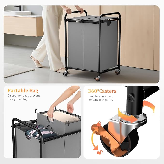 120L Laundry Sorter 2 Section, Rolling Laundry Basket - Image 3