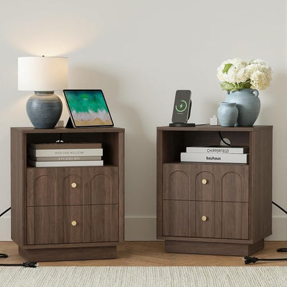 Nightstand Set of 2 with Charging Station, Mid Century Modern Nightstand with by FORTUNETEC