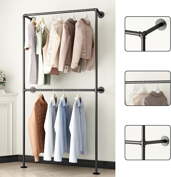 Industrial Pipe Clothing Rack Wall Mounted Garment Rack, Laundry Room - Image 2