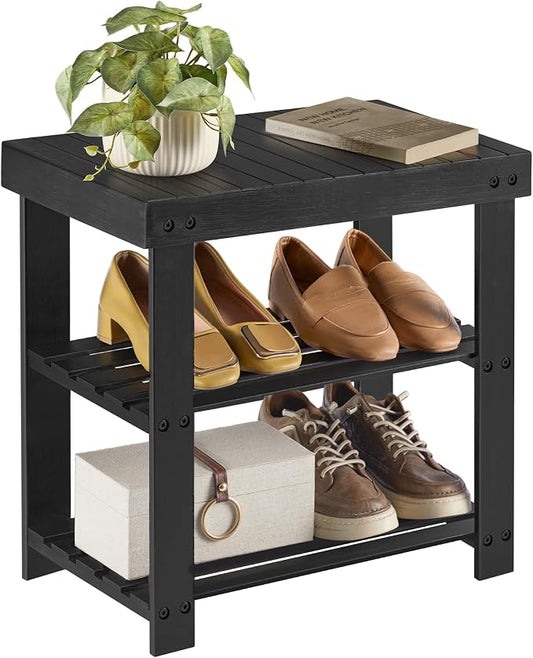 SONGMICS Shoe Rack Bench, 3-Tier Bamboo Shoe Storage Organizer, Entryway Bench by Unknown