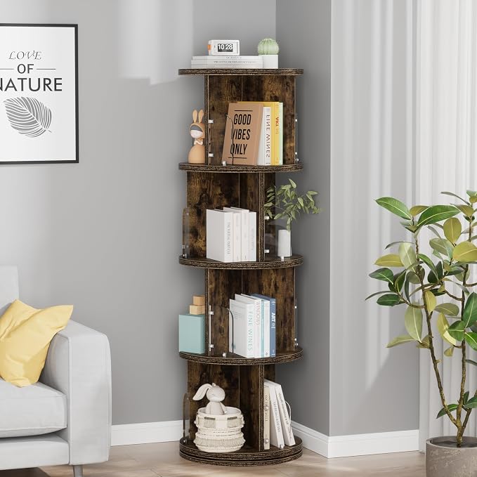 VECELO Rotating Bookshelf Tower, 360°Revolving Bookcase, Round Book Shelf - Image 2