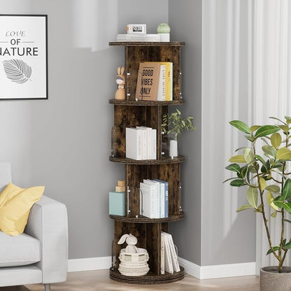 VECELO Rotating Bookshelf Tower, 360°Revolving Bookcase, Round Book Shelf - Image 2