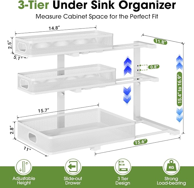 Under Sink Organizer 3 Tier, 2 Pack L-Shaped Pull-Out Cabinet Organizer - Image 4