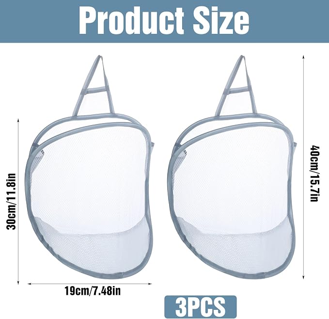 3 Pack Mesh Hanging Laundry Hamper, Small Foldable Laundry Baskets | Wall - Image 2