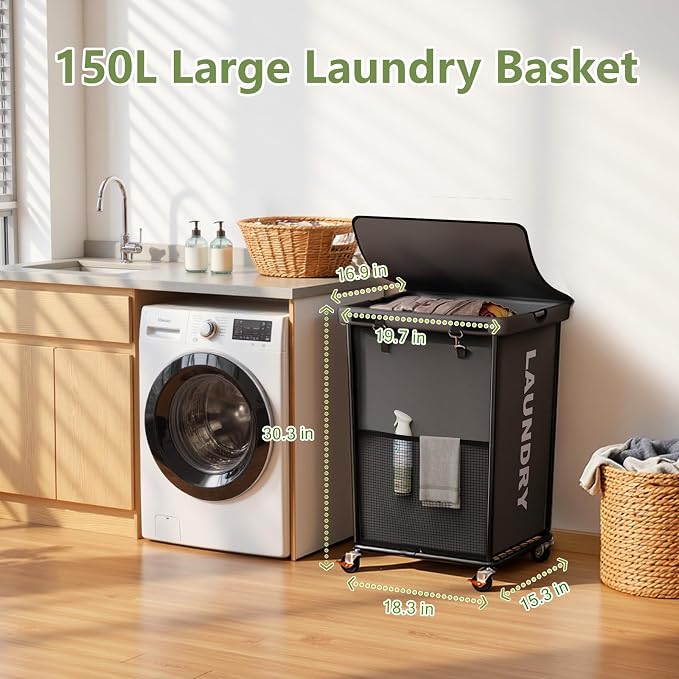 Laundry Hamper with Wheels and Lid, 150L Heavy Duty Rolling Laundry Basket - Image 2