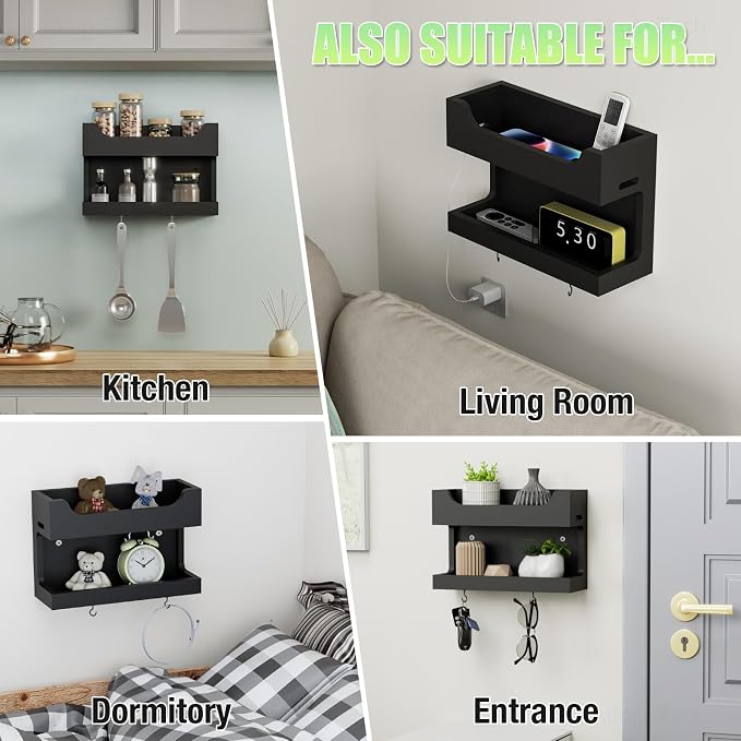 NiHome Wall Mounted Wooden Bedside Accessories Organizer, Double Tray Bedside - Image 6