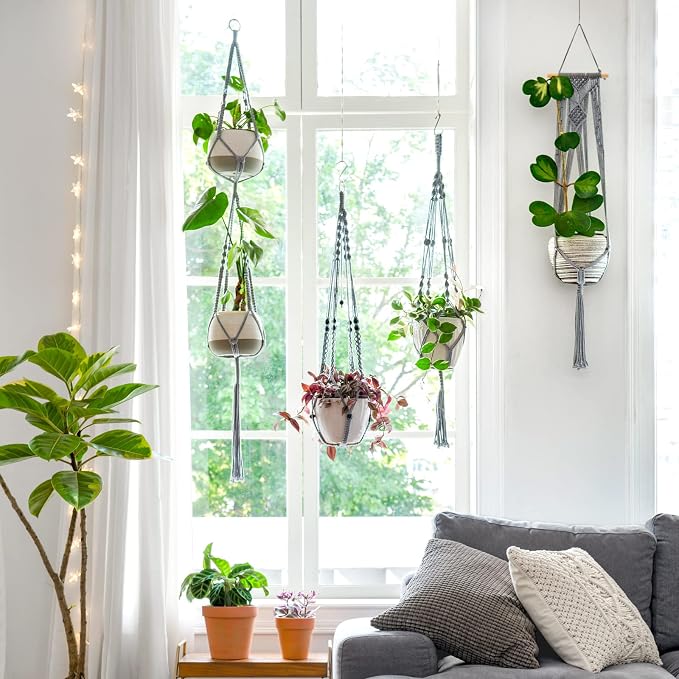 Mkono Macrame Plant Hanger Indoor 35 Inch Hanging Planter Basket Grey 1Pc | - Image 5