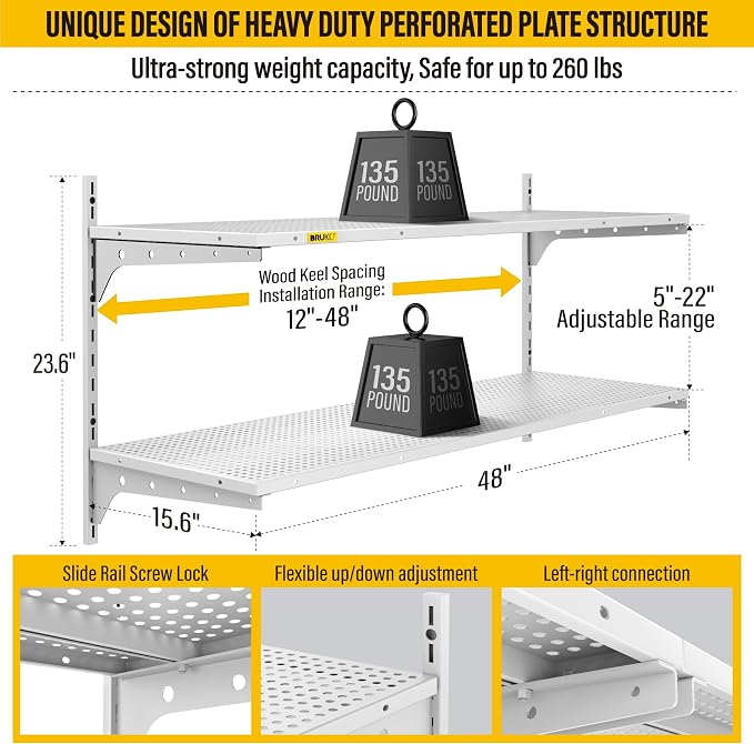 2 Tier 1.3x4ft Garage Shelving Wall Mounted, 15.6x48inch per Shelf Height - Image 3