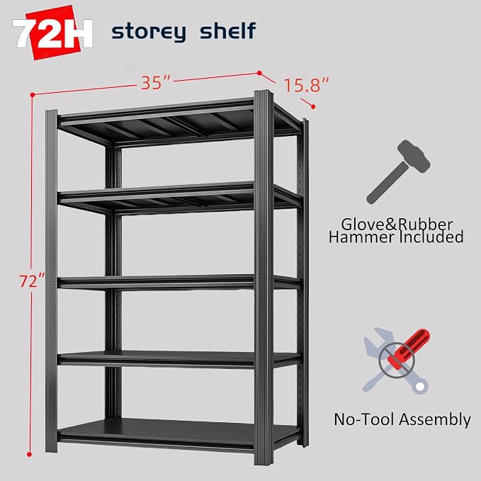 5-Tier Metal Storage Shelving Unit, 000 lbs Capacity Adjustable Garage Shelves - Image 3