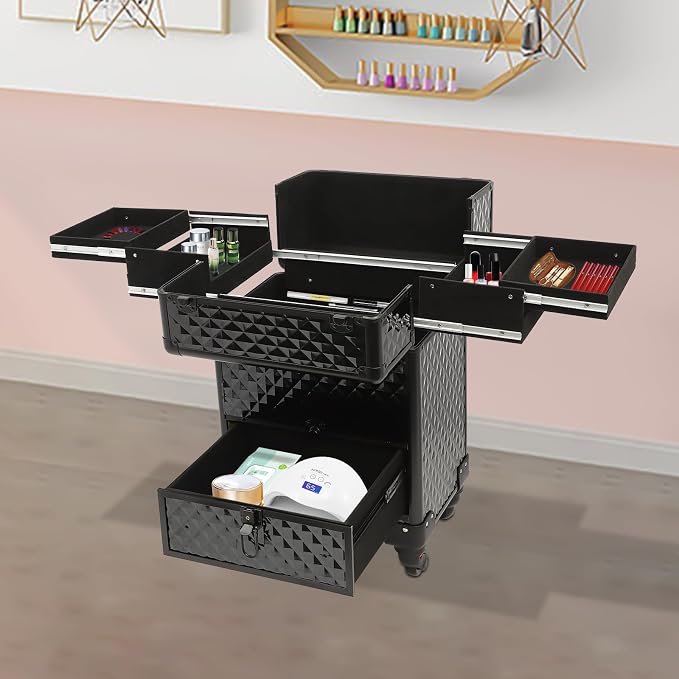 Rolling Makeup Train Case with Drawers, Portable Rolling Makeup Cart with Wheels - Image 3