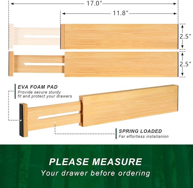 4 Pack Bamboo Drawer Dividers 2.6" High, Adjustable Length from 12 Inch to 17 - Image 6