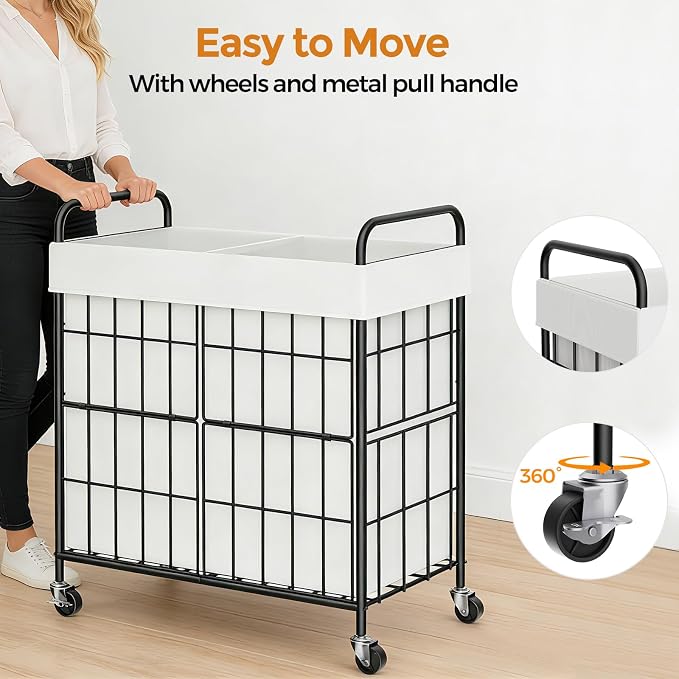 2 Section Laundry Hamper with Wheels and Brake, 100L Laundry Sorter Cart with 2 - Image 6