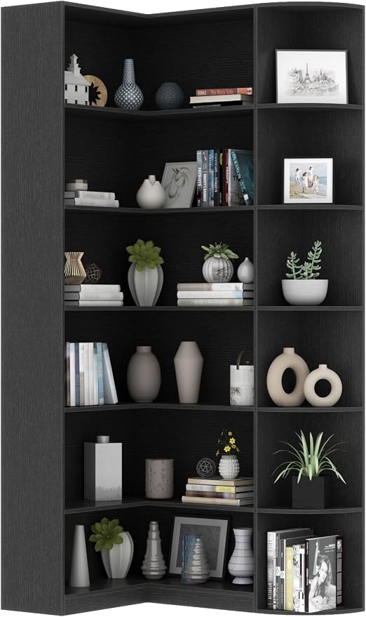 Loomie Black Book Shelf, 6 Tiers Shelf Large Tall Corner Etagere Bookcase by LOOMIEDirect