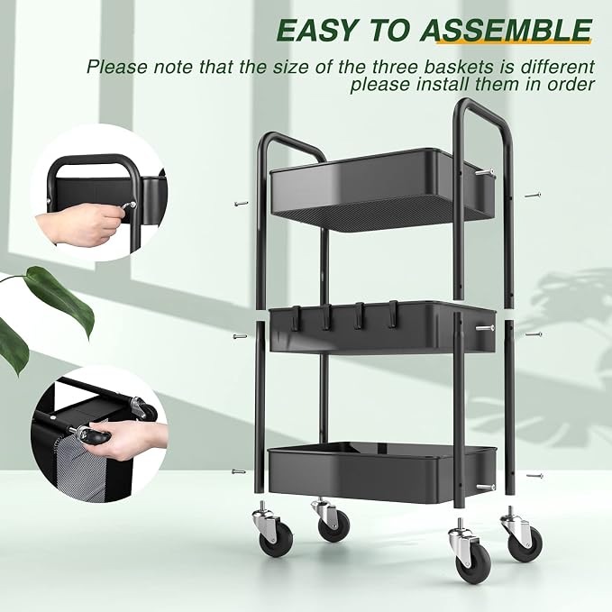 LEHOM 3 Tier Rolling Utility Cart, Metal Trolley Cart - Image 7