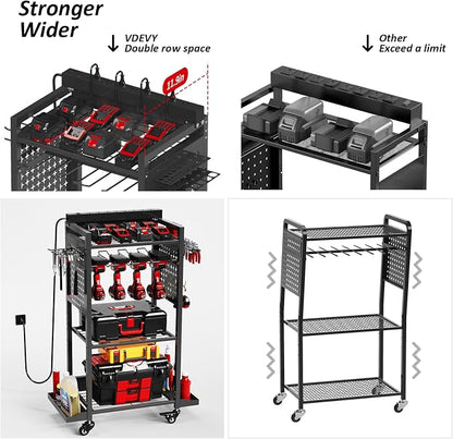Power Tool Organizer Cart with 8 Power Outlet & Adjustable Storage, Garage - Image 2