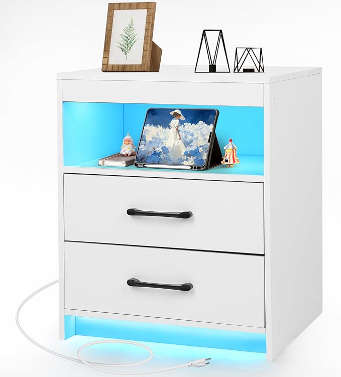 Night Stand with Charging Station and Ambient Light, LED Nightstand with USB-C by ansefe