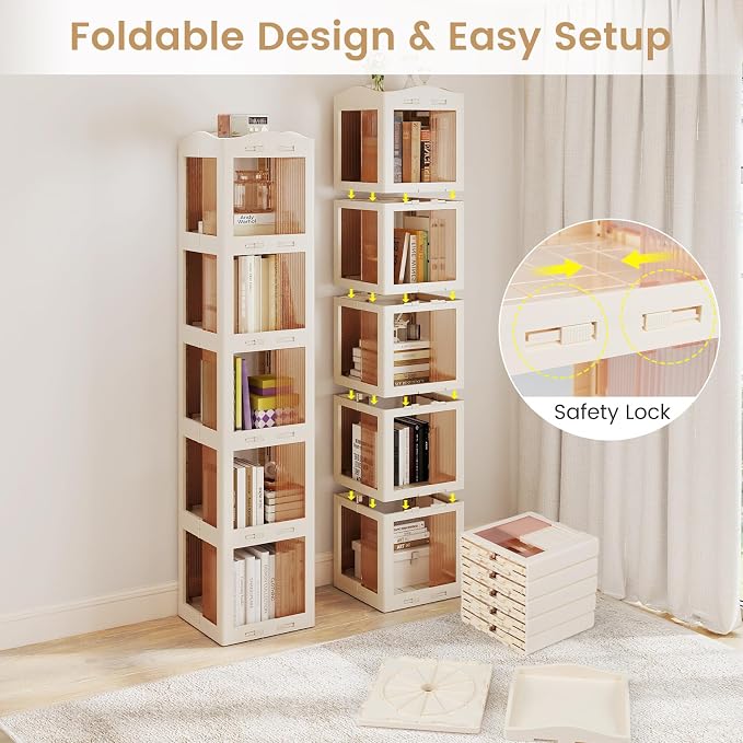 Giantex Foldable Rotating Bookshelf, 5-Tier Spinning Bookcase w/Swivel Base - Image 4