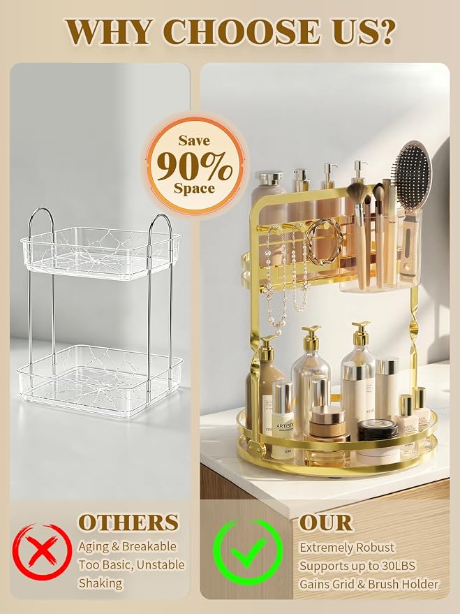 360° Rotating Makeup Organizer for Vanity, 2-Tier Gold Bathroom Organizer - Image 6