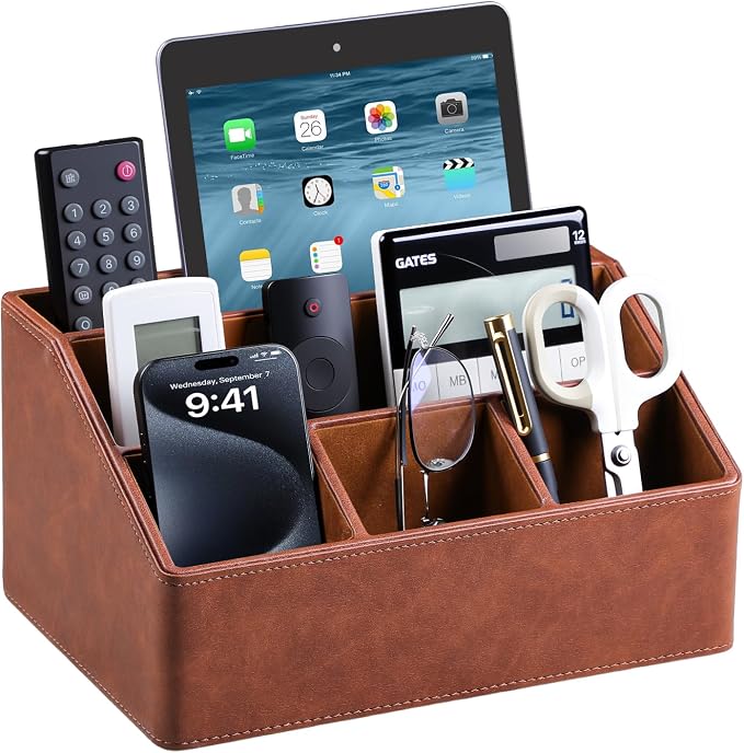 PU Leather Desk Organizer, Luxury Remote Control Holder by MEIBOOCH