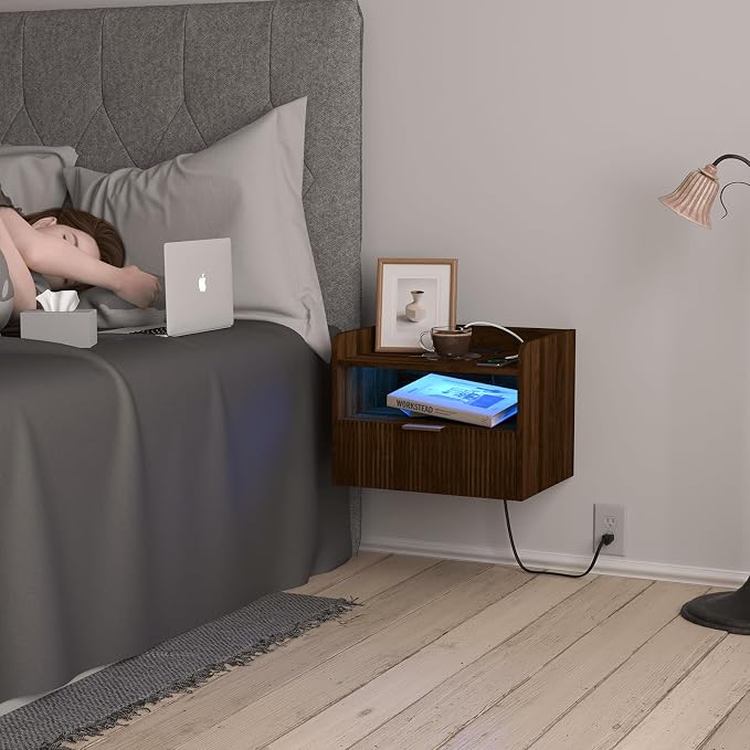 Floating Nightstand with Charging Station and LED Lights - Image 3