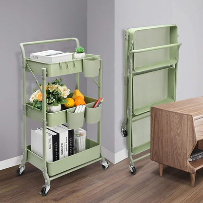 Foldable 3 Tier Rolling Cart, Metal Utility Cart, Folding Mobile Multi-Function - Image 6