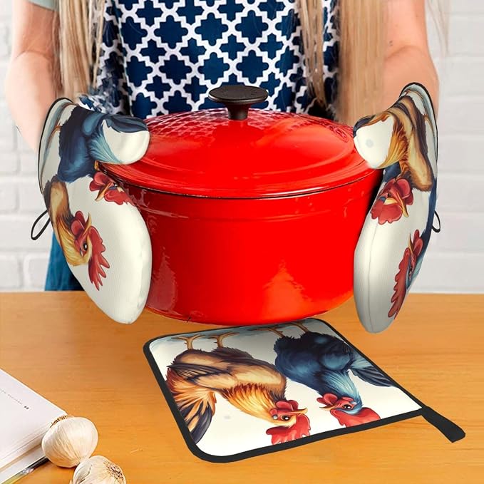 Oven Mitts and Pot Holders Sets of 3 Rooster and Hen Oven Mitts 3 Pcs Heat - Image 6