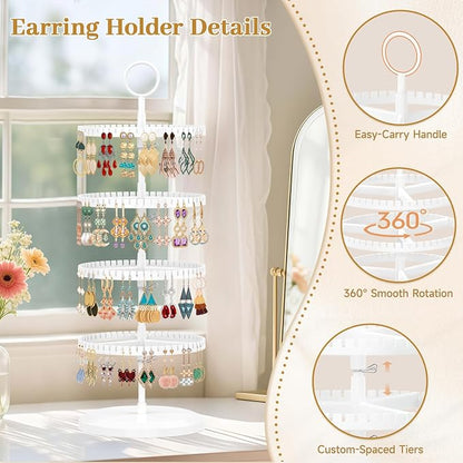MODOWEY Rotating Earring Holder Organizer Adjustable Display, 4 Tiers White | - Image 4