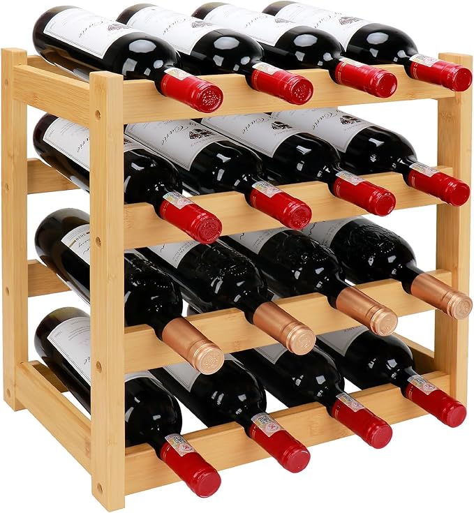 Bamboo Wine Rack, 4-Tier 16 Bottles Wine Storage Cabinet Shelf, Easy-Assembly by Thalomely