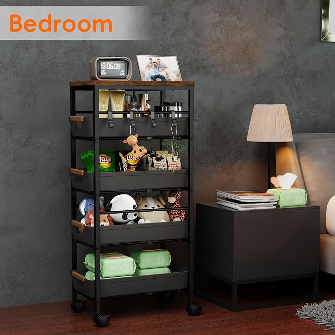 5-Tier Kitchen Storage Cart, Wood Top Rolling Cart Organizer - Image 7