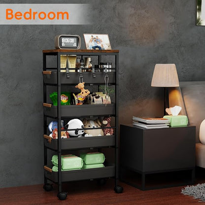 5-Tier Kitchen Storage Cart, Wood Top Rolling Cart Organizer - Image 7