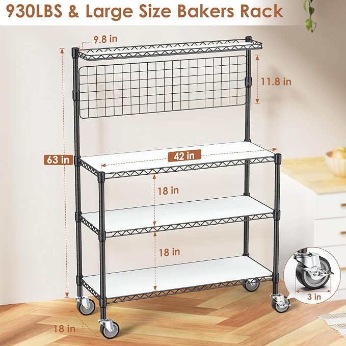 Leteuke Bakers Rack with Storage & Wheels, 42 Inch Microwave Stand Kitchen - Image 3