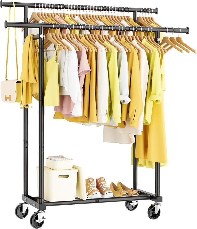 HYSEYY Double Rods Clothes Rack, Rolling Clothing Rack by HYSEYY
