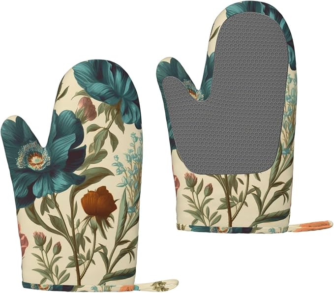Floral Print Oven Mitts Set of 2, Heat Resistant Silicone Oven Mittens Gloves by Unknown