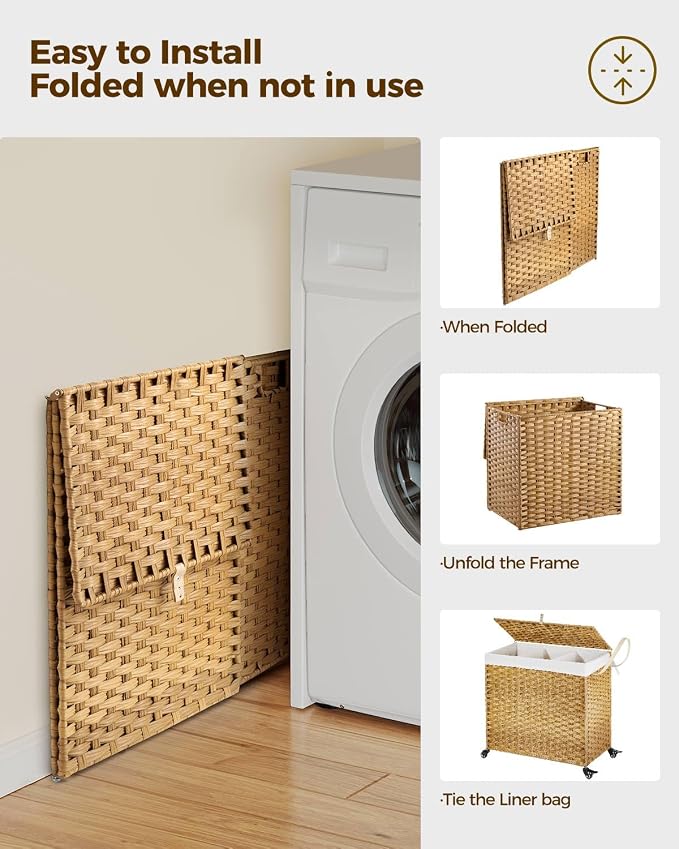 Greenstell Laundry Hamper with Wheels&Lid, 130L Large 3 Sections Clothes Hamper - Image 8