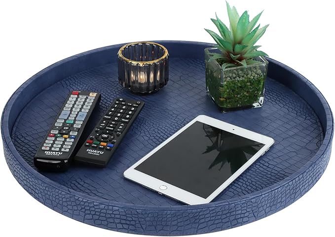 HofferRuffer Round Serving Tray 20'', Elegant Faux Leather Circle Ottoman Table - Image 3
