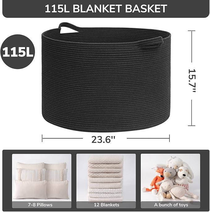 INDRESSME 115L Extra Large Black Blanket Basket, Dog Toy Bin Shoe Baskets Toy - Image 2