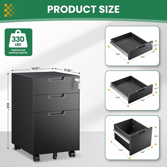 Mobile File Cabinet, 3 Drawer Locking Storage Filing Cabinet, Office Metal - Image 3