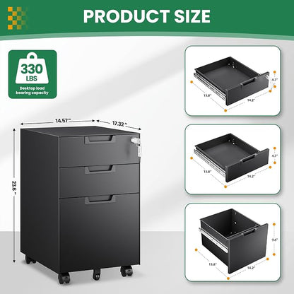 Mobile File Cabinet, 3 Drawer Locking Storage Filing Cabinet, Office Metal - Image 3