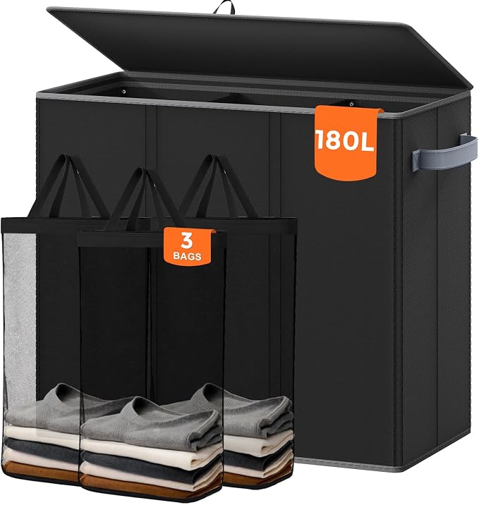 180L Laundry Hamper 3 Section, Large Laundry Basket by Optish