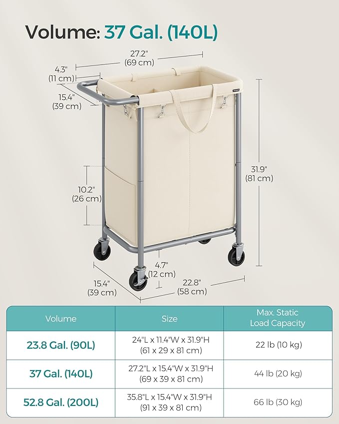 SONGMICS Laundry Basket with Wheels, 2-Section Rolling Laundry Hamper, 37 - Image 6