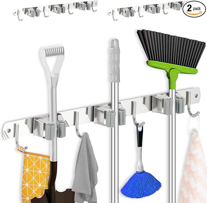 2 Pack Broom Holder Wall Mount 3 Racks 4 Hooks Stainless Steel Broom Mop Holder by TKSDWBLTY
