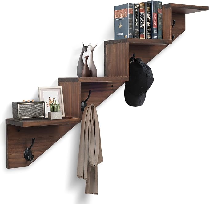 Coat Rack Wall Mount with Shelf, Wall Mounted Rise Wooden shelves by muukinghouse