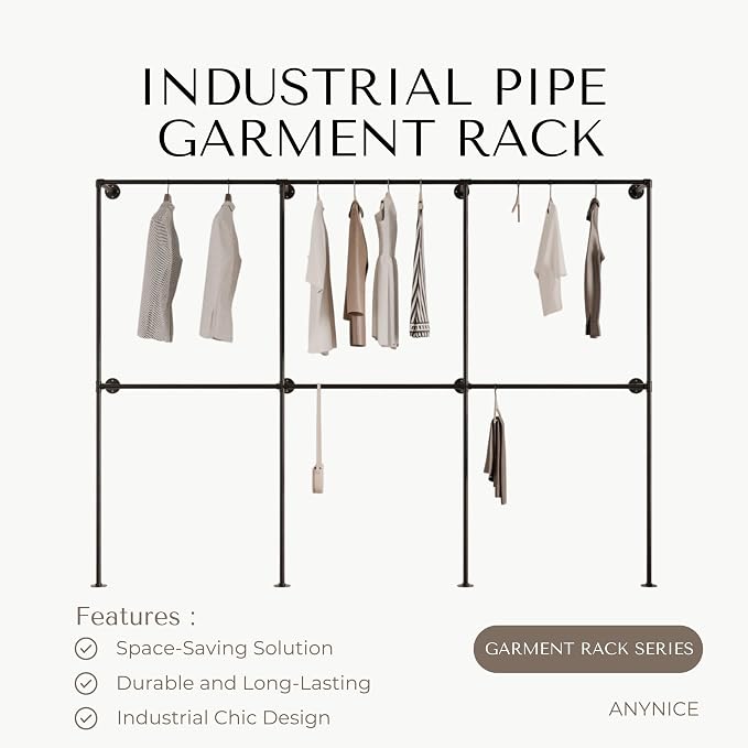 Industrial Pipe Clothing Rack, Heavy Duty Wall Mounted Clothes Rack, Retail - Image 2