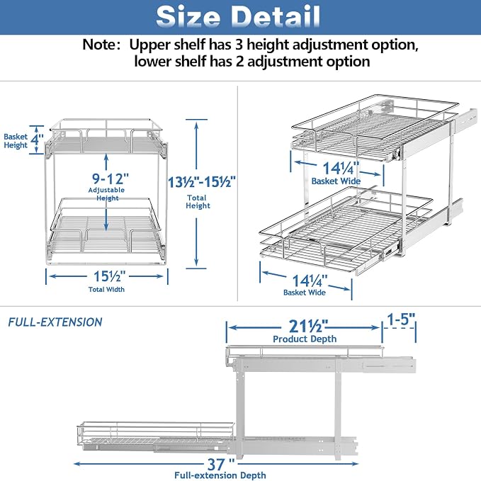 LOVMOR 2 Tier Individual Pull Out Cabinet Organizer 15½" W x 21½" D, Slide Out - Image 3