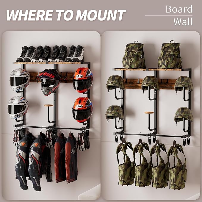Motorcycle Helmet Rack with 6 J-hooks& 6 Clip Hooks – Wall Mounted Helmet - Image 4