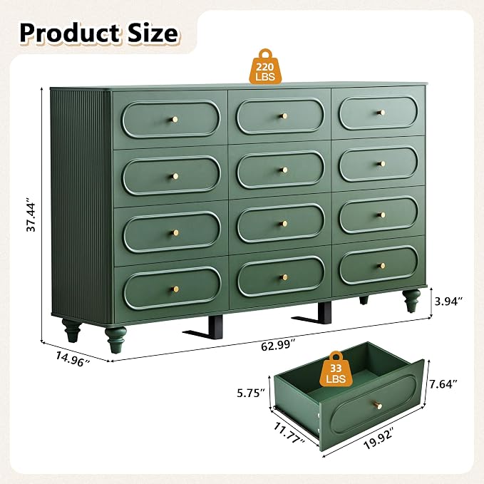 12 Drawer Fluted Dresser for Bedroom, Mid Century Modern Chest of Drawers - Image 2