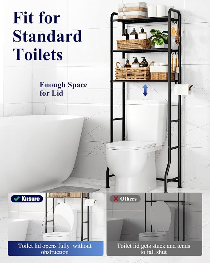 Kitsure Over Toilet Storage Rack, 63.2" H Space-Saving, Holder & Hooks | - Image 6